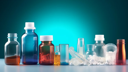 Medical bottles with pills and ampoules on a blue background.の素材