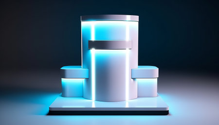 3d rendering of a podium in blue light on a dark backgroundの素材