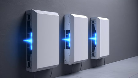 3D rendering of a power supply unit with blue lights on the wallの素材