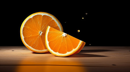 Slices of orange on a wooden table. Black background.の素材