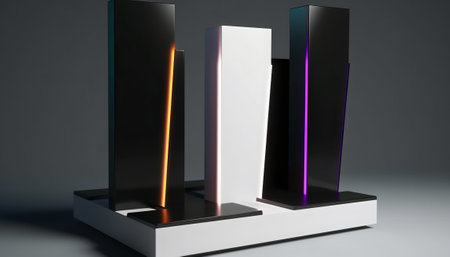 Black and white 3d rendering product display stand. Abstract background.の素材