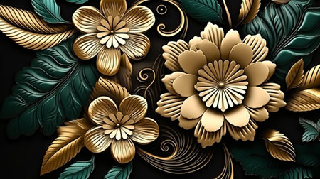 3D illustrationrative floral background, gold and green flowers on a black backgroundの素材