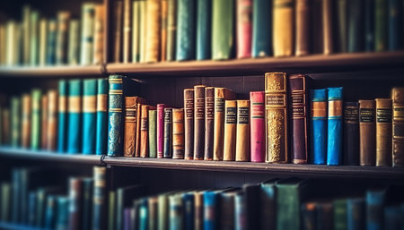 Old books on the shelf in the library. Vintage style toned pictureの素材