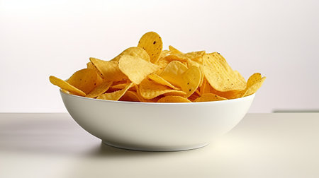 Potato chips in a white bowl on a table against a white backgroundの素材