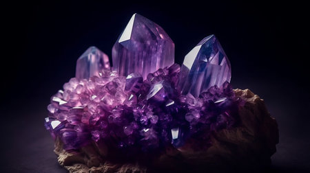 Natural amethyst on a dark background. Amethyst crystals on a dark background.の素材