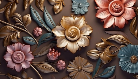 3d illustration, abstract floral background, gold and blue flowers on brownの素材