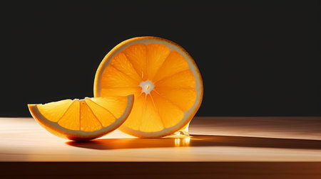 Orange fruit slices on a wooden table on a black background. Copy space.の素材