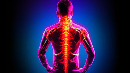 Man with highlighted spine on blue background. Back view. Spine pain conceptの素材