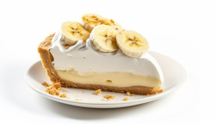 Banana cake with whipped cream and fresh bananas on a white backgroundの素材