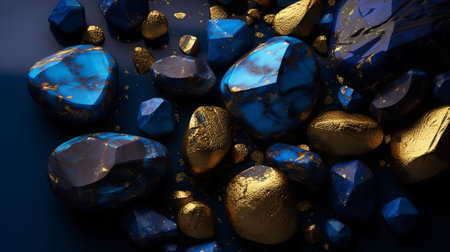 Blue and gold stones background, 3d rendering. Computer digital drawing.の素材