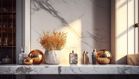 Luxury bathroom interior with white marble walls, stone floor, round mirror and golden flowers in vases. 3d renderingの素材
