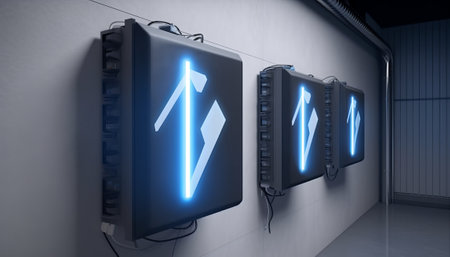 Futuristic 3D rendering of an electrical panel with blue lampsの素材
