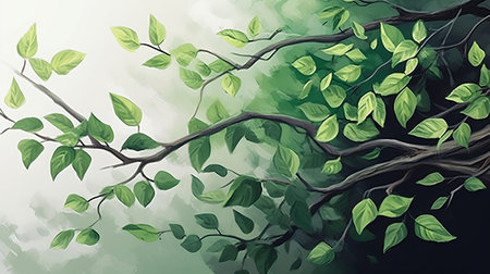 Vector illustration of a tree with green leaves and branches in the forestの素材