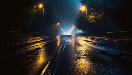 Night road with lights in a foggy city. 3d renderingの素材