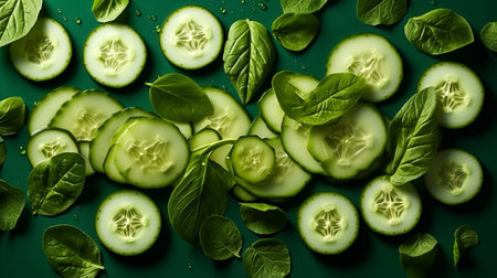 Cucumber slices and green leaves on green background, top viewの素材