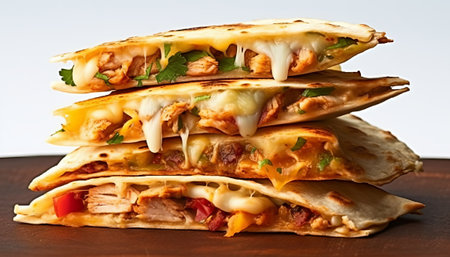 Stack of quesadillas with meat, cheese and vegetables.の素材