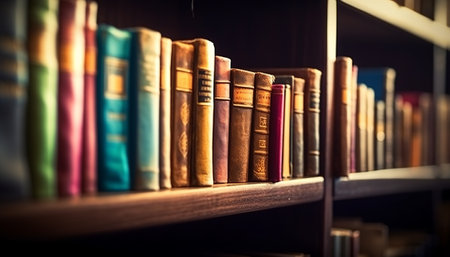 Row of old books on the bookshelf in library. Selective focus.の素材