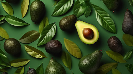 Creative layout made of avocados and leaves on green background. Flat lay, top view, copy spaceの素材