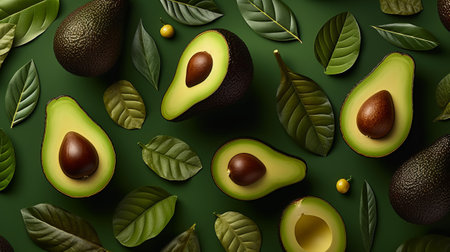 Avocado with leaves on a green background. 3d illustration.の素材
