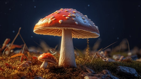 Fly agaric mushroom in the autumn forest. 3d illustrationの素材