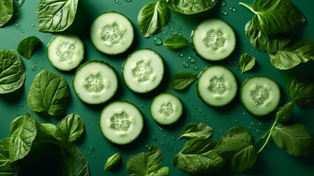 Cucumber slices with basil leaves on green background, top viewの素材