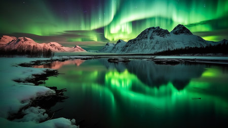 Aurora borealis over fjord and mountains in Norwayの素材