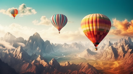 Colorful hot air balloons flying over beautiful landscape. 3D Renderingの素材
