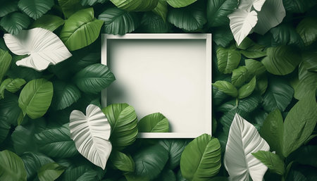 Creative layout made of tropical leaves and white frame. Nature concept.の素材