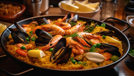Seafood paella in a frying pan. Spanish cuisine.の素材