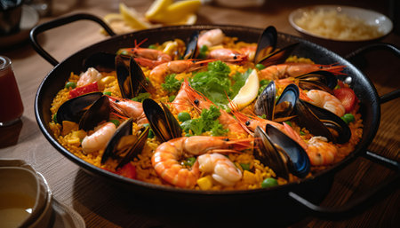 Paella with seafood and rice in a pan on a wooden table