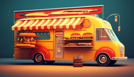 Food truck with hot dogs. Fast food concept. 3D renderingの素材