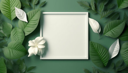 White frame with tropical leaves and flowers on green background. 3d renderingの素材
