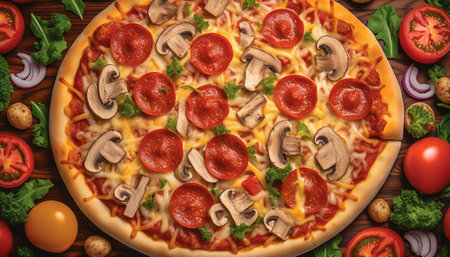 Pizza with mushrooms and tomatoes on a wooden table. Top view.の素材