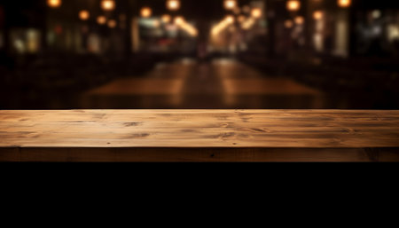 Empty wooden table and blurred background of bar or pub. For product displayの素材