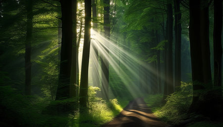 Sunlight in the green forest, spring time, nature series.の素材