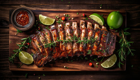 grilled ribs with herbs and spices on a wooden board, top viewの素材