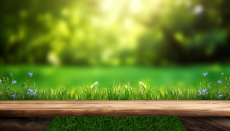 Wooden table top on blurred green grass background, product display montageの素材