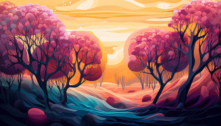 Autumn landscape with trees and sunset. Vector illustration in cartoon styleの素材