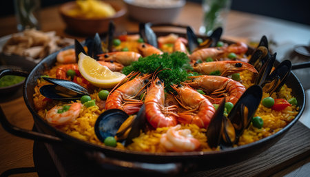 Paella with shrimps and mussels in a pan on wooden tableの素材