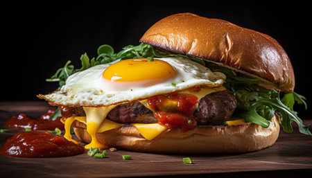 Cheese burger with fried egg and arugula on wooden boardの素材