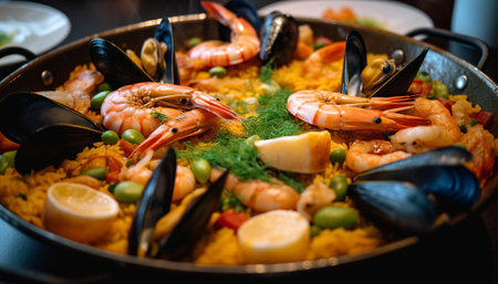 Spanish paella with seafood and vegetables in a pan on the tableの素材