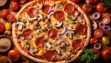 Pizza with salami, mushrooms and vegetables on a wooden tableの素材