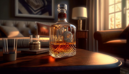 Whiskey bottle on a wooden table. 3D rendering.の素材