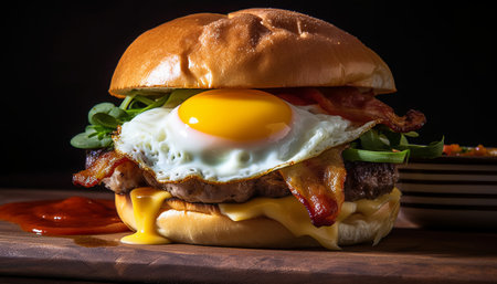 Burger with fried egg, bacon and arugula on wooden boardの素材