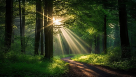 Sunlight in the green forest. Panoramic view of a forest pathの素材