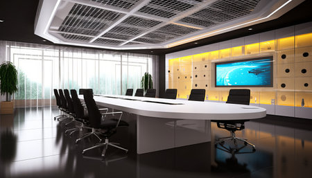 Interior of modern conference room with TV screen on wall. 3D renderingの素材