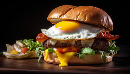 Cheese burger - American cheese burger with fresh salad and fried eggの素材
