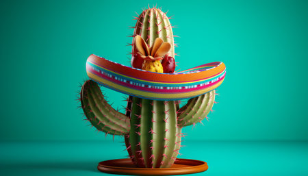 Cactus with sombrero on green background. 3d renderingの素材