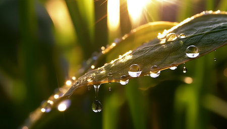 Dew drops on a blade of grass in the rays of the setting sunの素材