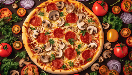 Pizza with salami, mushrooms and vegetables on dark background. Top view.の素材